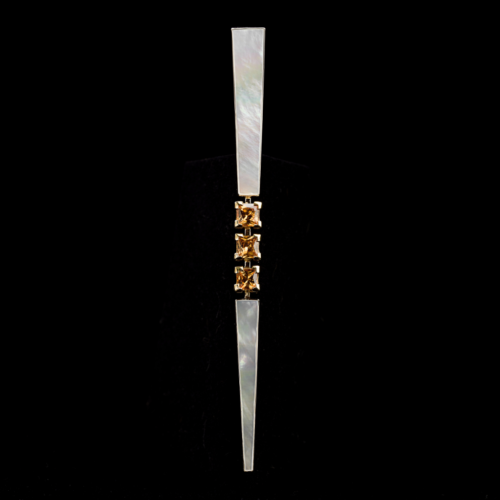 Handmade &ldquo;Yellow bar&rdquo; brooch with yellow sapphires and mother-of-pearl